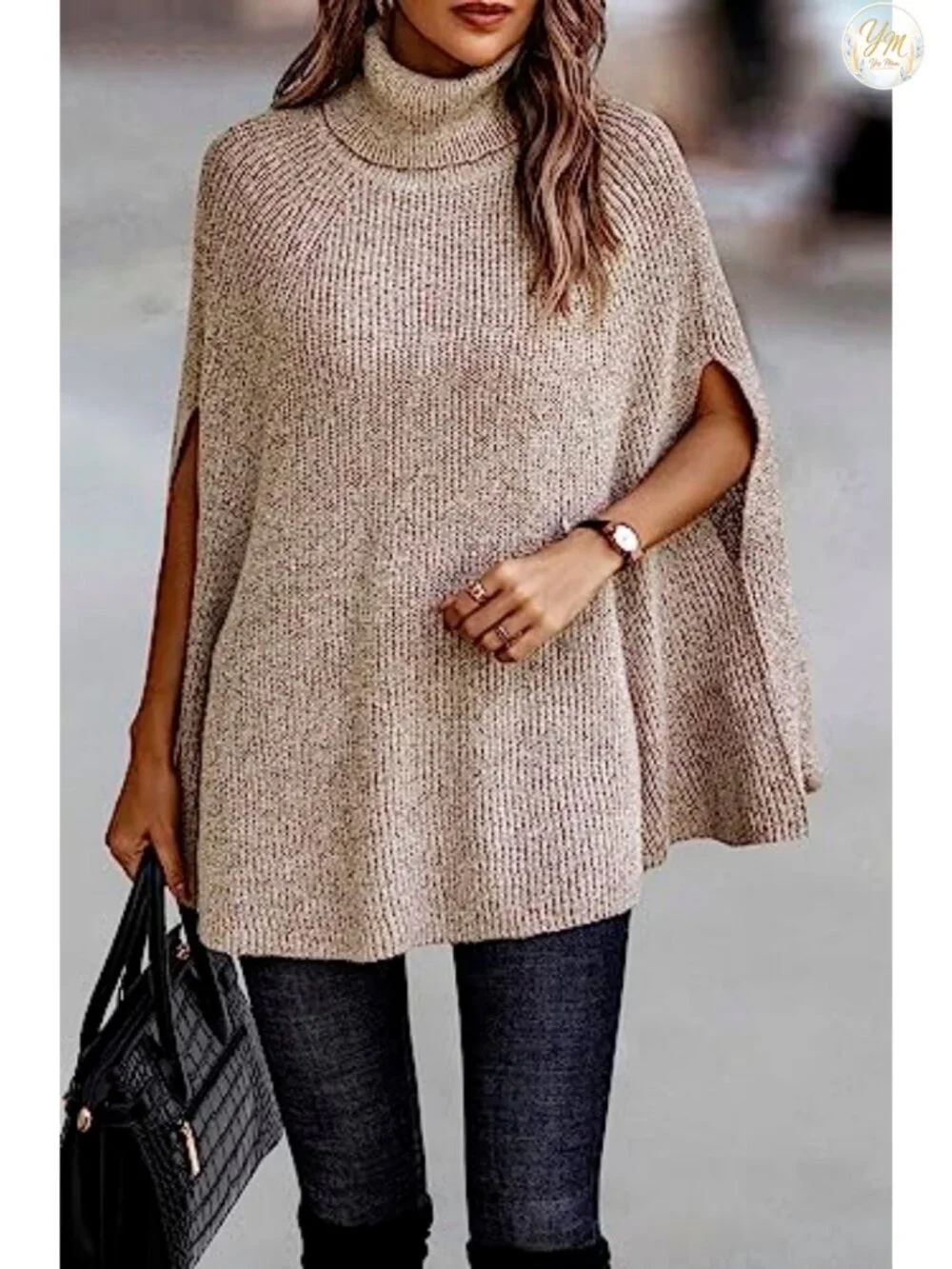 Chunky Knit Turtleneck Poncho Sweater for Women, Winter Cape, High Neck